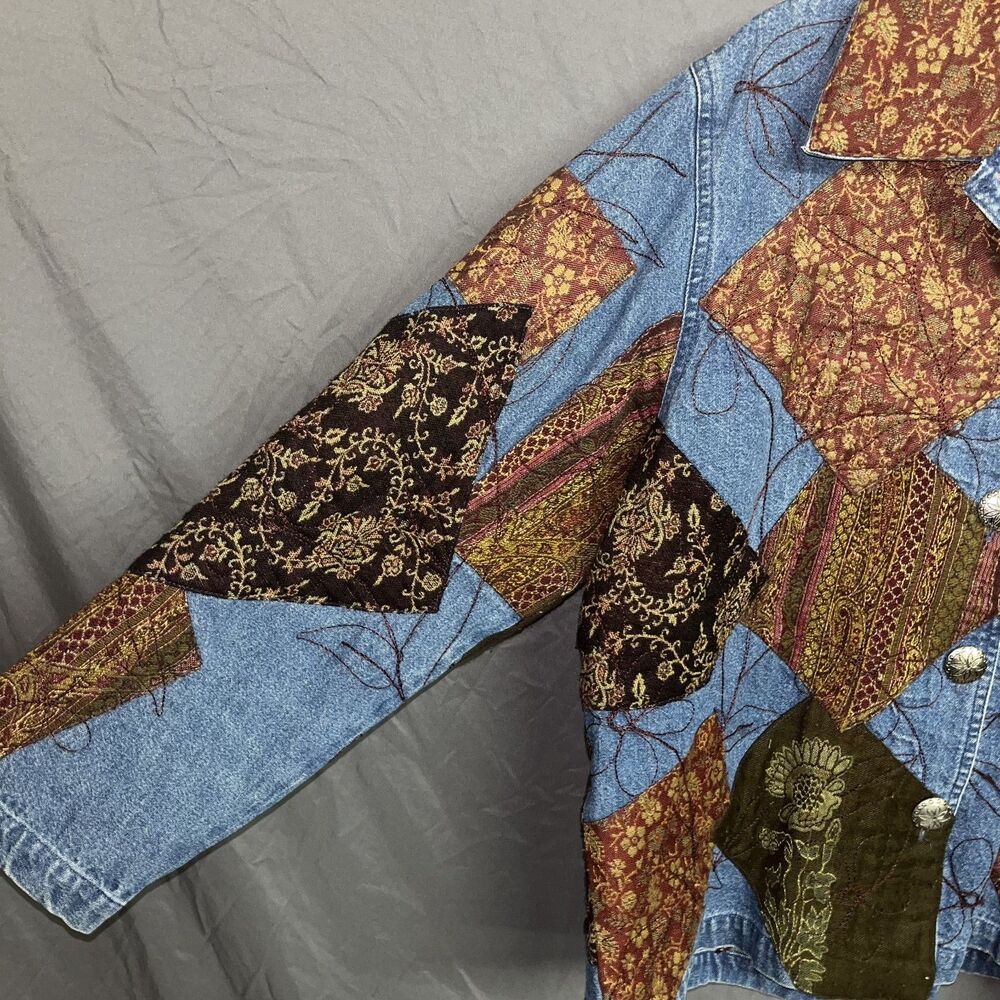 Vintage Patchwork Quilted Denim Jacket Button Up … - image 3